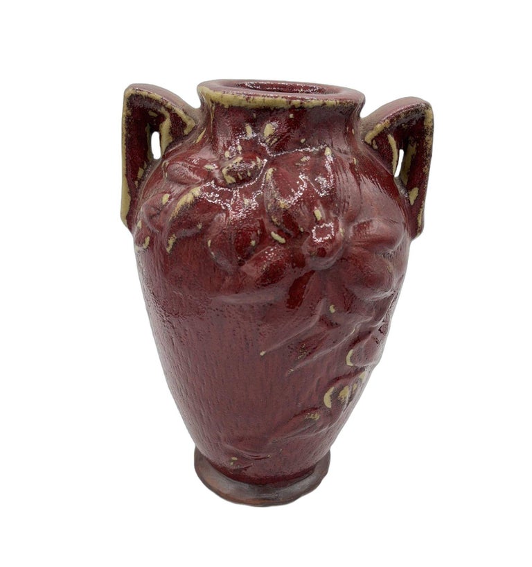 Red Art Pottery Vase with Dual Handles & Sculpted Floral Relief