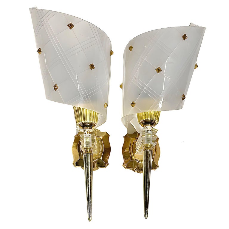 Set of 3 MCM Brass & Lucite Wall Sconces by Pierre Guariche for Luminai