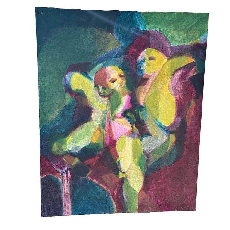 Abstract Expressionist Multi-colored Figures Oil on Canvas Signed Mars