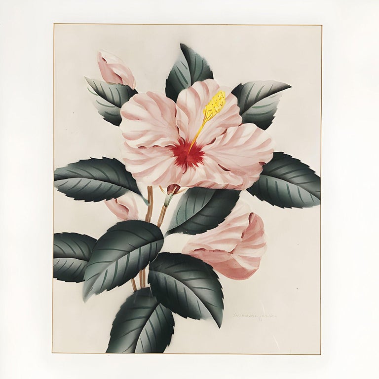 Pink Hibiscus Watercolor Painting on Paper Signed by Shirrell Graves, Framed