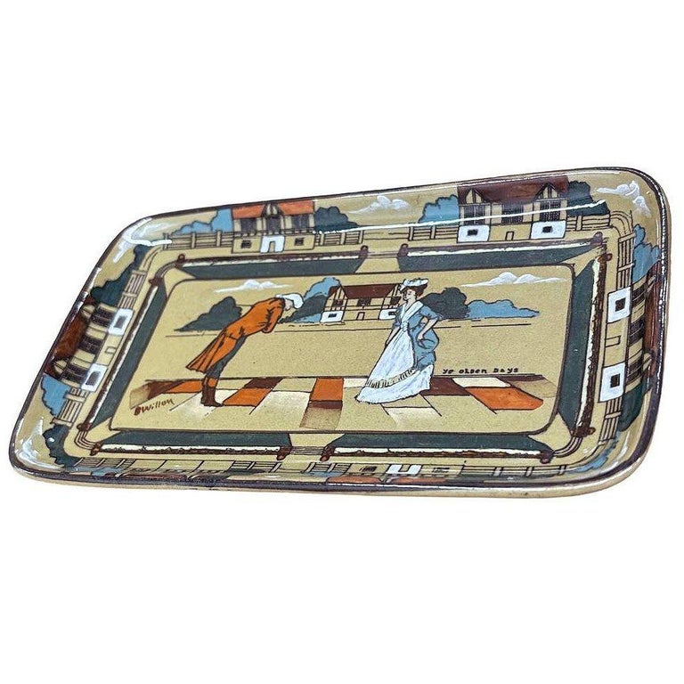 Edwardian Era Pottery "Ye Olden Days" Card Dish by Buffalo Pottery Deldare Ware