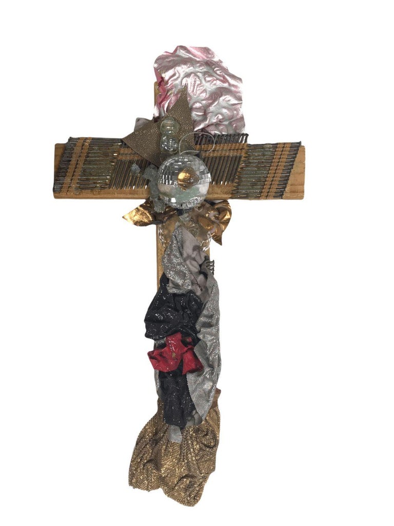 Vintage Flat Wood Cross with Mixed Media Decorations