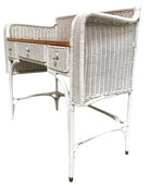 Shabby Chic White Wicker Mahogany Top Writing Secretary Desk w/ Chair
