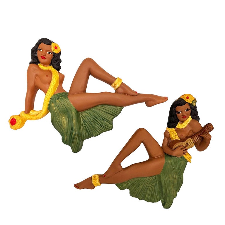 Hawaiian Art Pottery Nude Pin-up Yellow Hula Girl Wall Sculpture, Pair