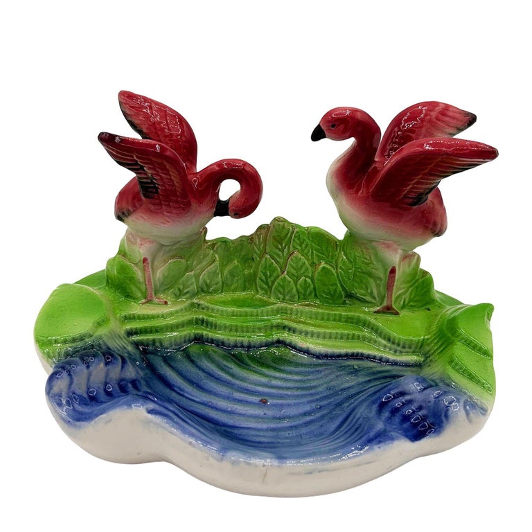 Mid-century Hand Painted Pink Flamingo couple in Pound Ceramic Scenic Sculpture