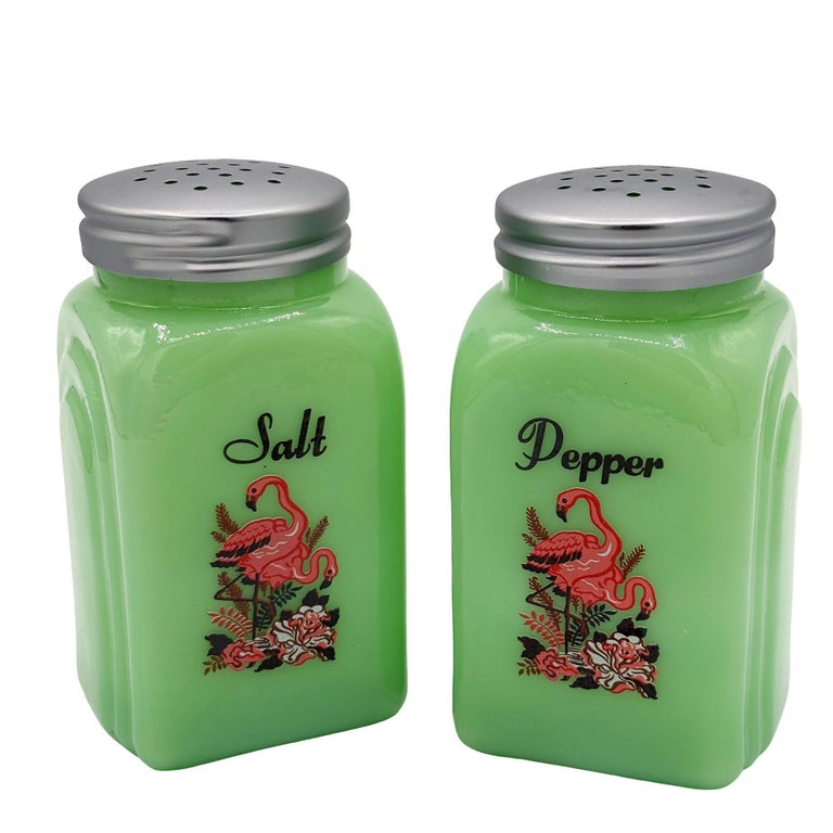 Mid-century Jadeite Green Glass Pink Flamingos Salt and Pepper Set