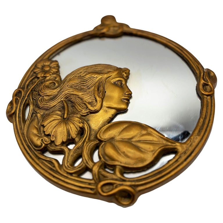 Cast Brass Art Nouveau Round Wall Mirror with Ivy Lady Portrait