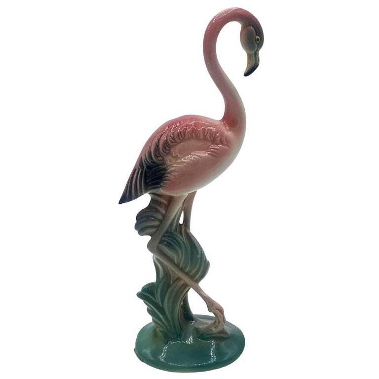 Matching Mid-century Pink Flamingo Ceramic Tabletop Statue Set By Brad Kealer