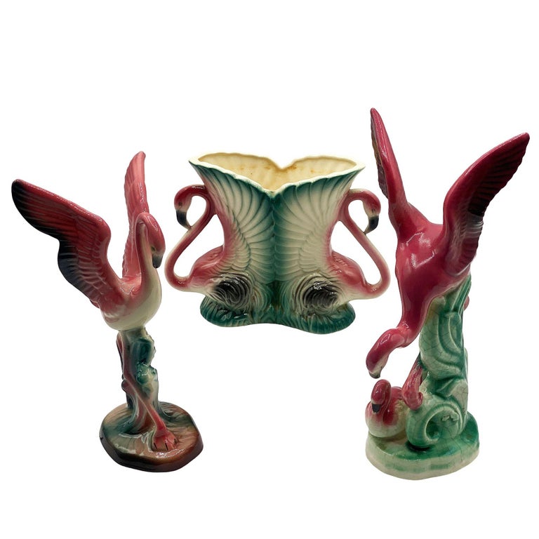 Mid-century Ceramic Flamingo Figurine & Vase Set by Maddux & Leftons