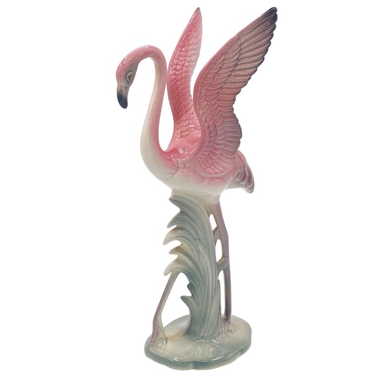 Mid-century Pink & Green Flamingo Ceramic Tabletop Sculpture Pair By Brad Keeler