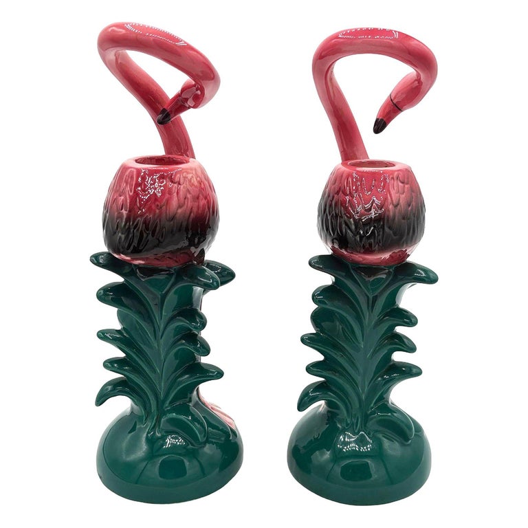 1986 Tropical Pink Flamingo Ceramic Candle Holder Pair by Five & Dime
