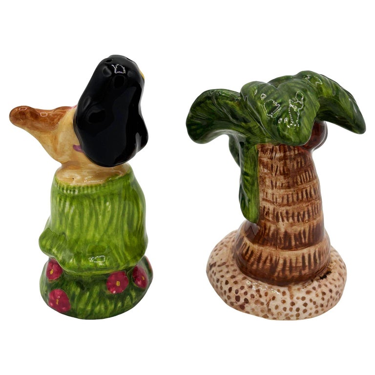 1980's Hula Girl & Palm Tree Ceramic Tabletop Matching Salt & Pepper Shaker Set