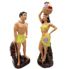 Mid-Century Hand Painted Hawaiian Hula Girl & Male Surfer Ceramic Statue Set