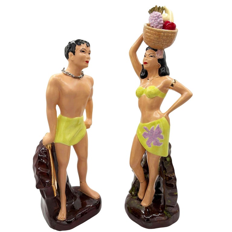 Mid-Century Hand Painted Hawaiian Hula Girl & Male Surfer Ceramic Statue Set