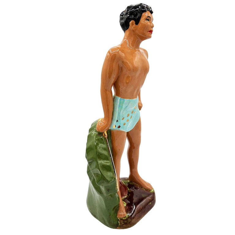 Mid-Century Hawaiian Man in Blue Trucks w/ Gold Machete Ceramic Sculpture 14"