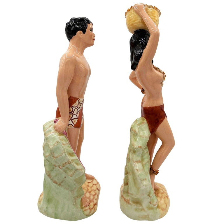 Mid-Century Hand Painted Hawaiian Hula Girl & Native Male Ceramic Statue Set