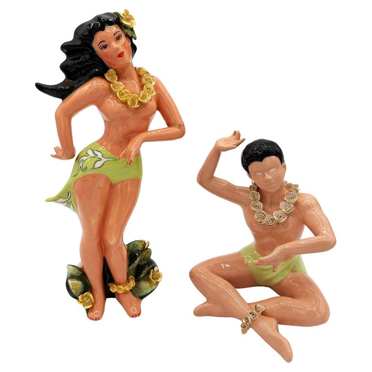 Mid-Century Hawaiian Hand Painted Hula Girl & Surfer Male Ceramic Statue, Pair