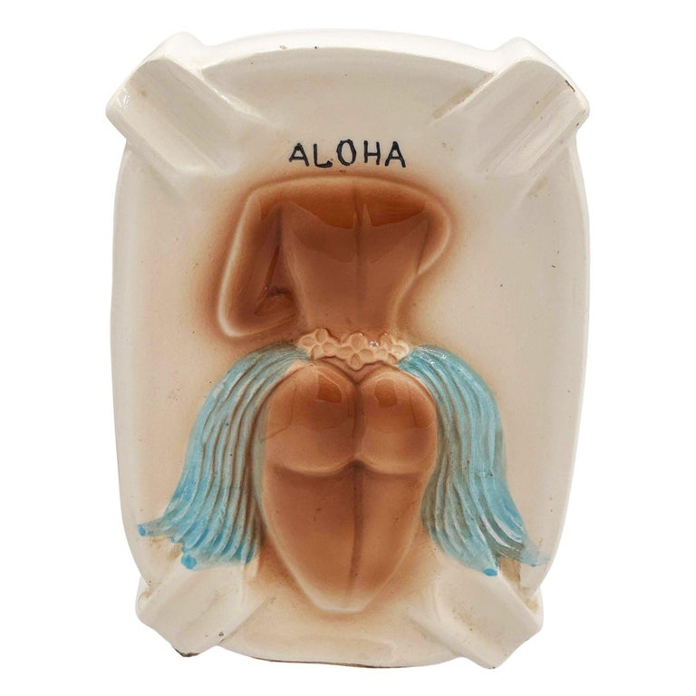 1950 Double Sided Ashtray Hawaiian "Turn Me Over" Cheeky Hula Girl Ashtray