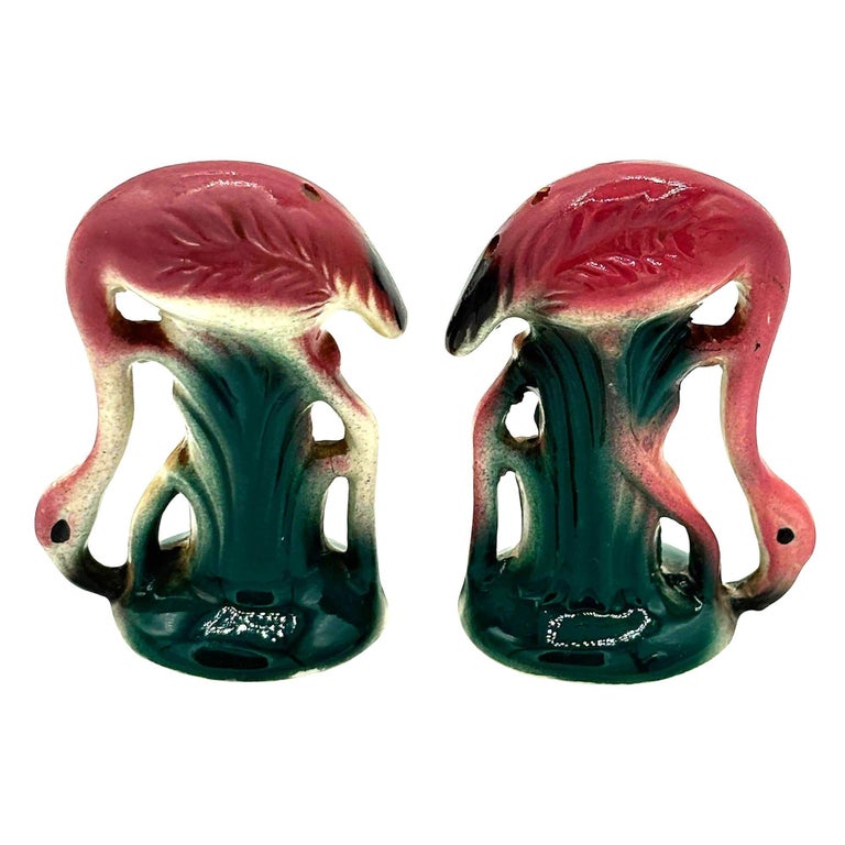 Mid-Century Pink Flamingo Ceramic Tabletop Matching Salt & Pepper Shaker Set