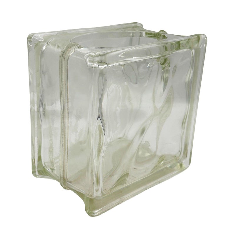1970 Brutalist Postmodern Glass Block Table Vase w/ Acid Etched Hibiscus
