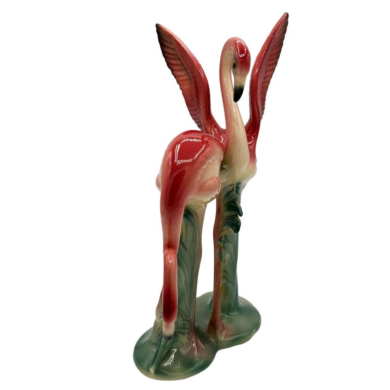 Rare Mid-Century Double Pink Flamingo Ceramic Tabletop Statue By Brad Keeler
