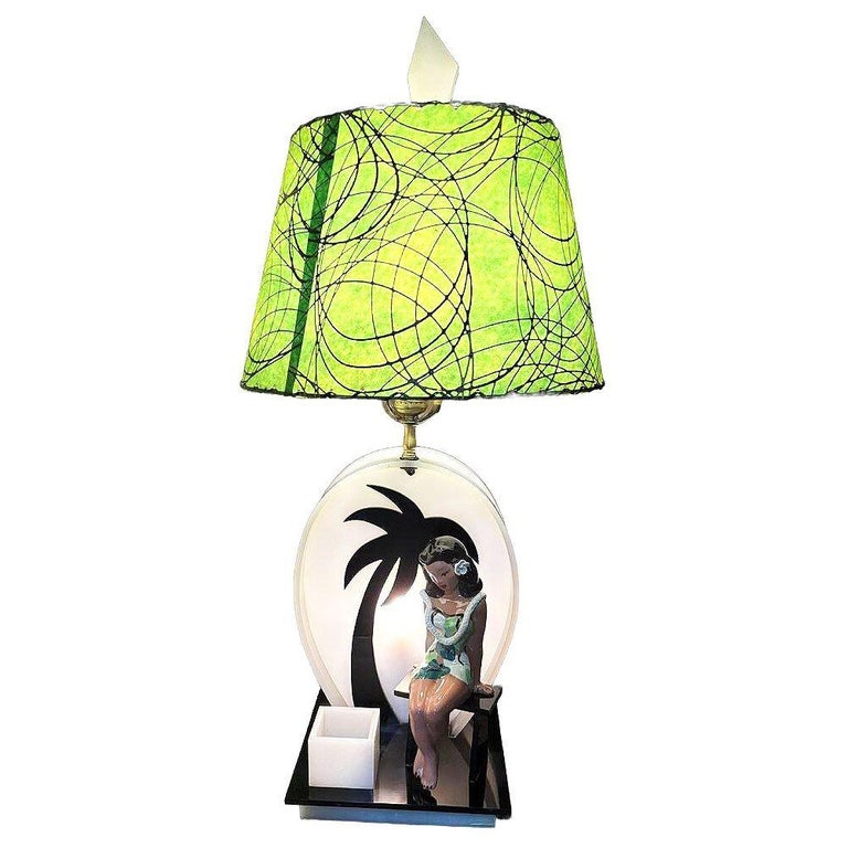 Mid-century Acrylic Hula Girl Midnight Palm Silhouette Table Lamp by Moss