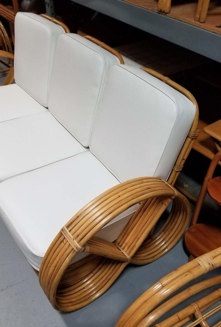 Restored MCM Six-Strand 3-Seat Full Pretzel Rattan Sectional Sofa, Stacked Base