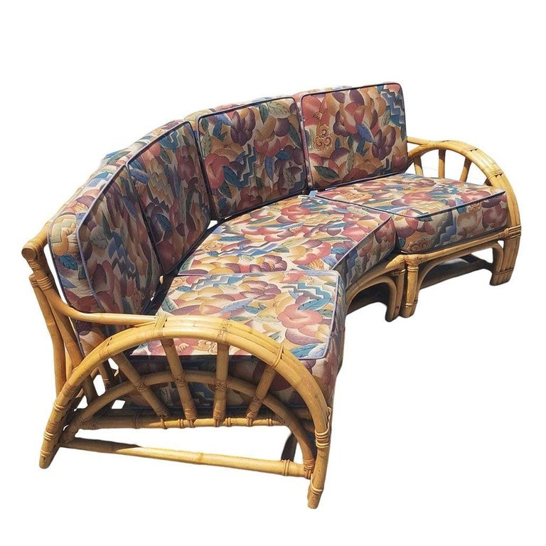 Restored Mid-century 3 Strand Rattan Spoke Half Moon Arm Corner Sectional Sofa