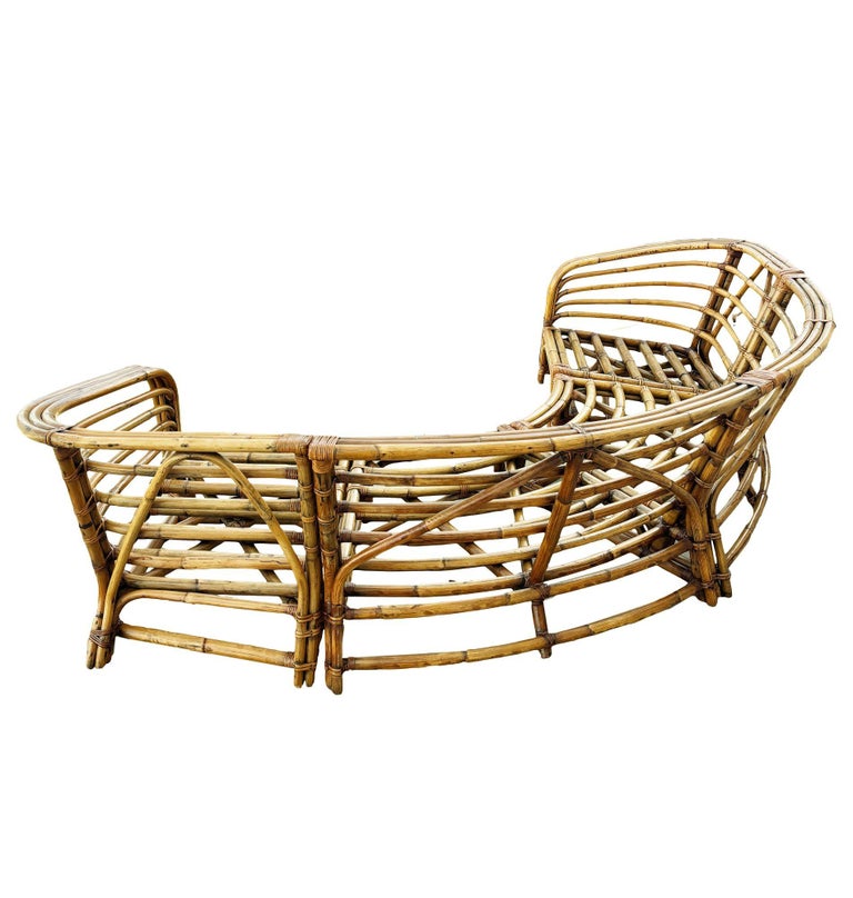 Restored MCM Rattan Round Sectional Corner Sofa w/ 3-Strand Waterfall Arms