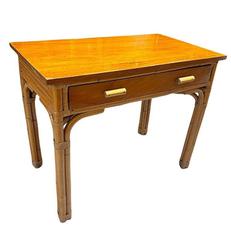 Restored Art Deco Rattan & Mahogany Secretary Writing Desk