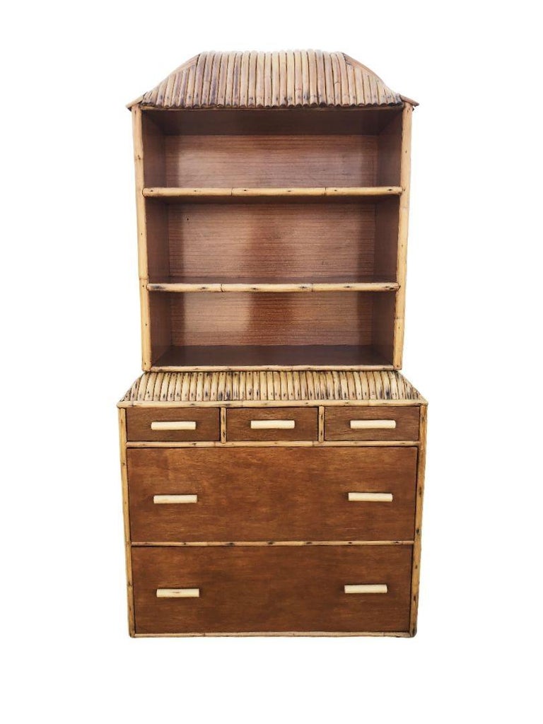 Restored Rare Art Deco Waterfall Rattan & Mahogany Dresser/Bookcase Hutch