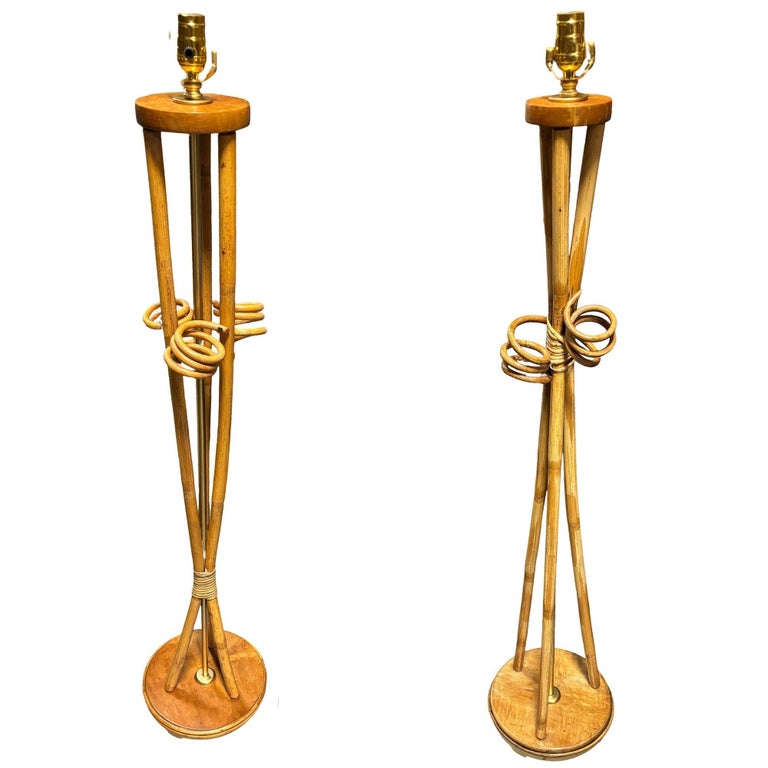 Restored Mid-century "Hourglass" Rattan Floor/Table Lamps Set of 3