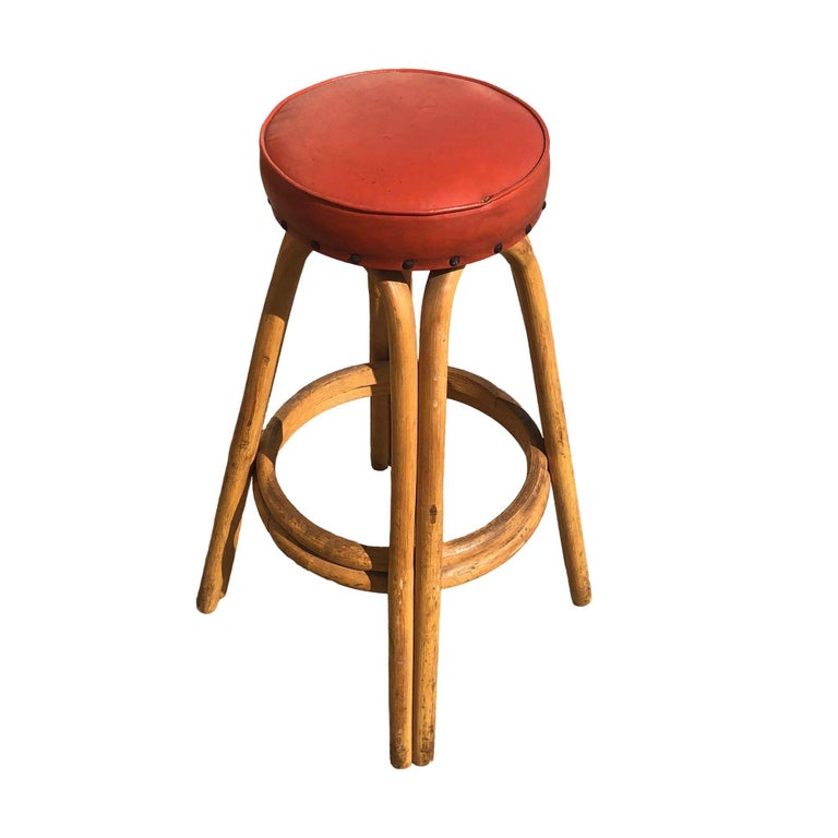 Restored arched Rattan Bar Stools w/ Studded Nailhead Red Seats, Set of 5