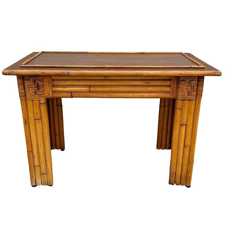 Restored Vertically Stacked Rattan Console Table w/ Mahogany Top