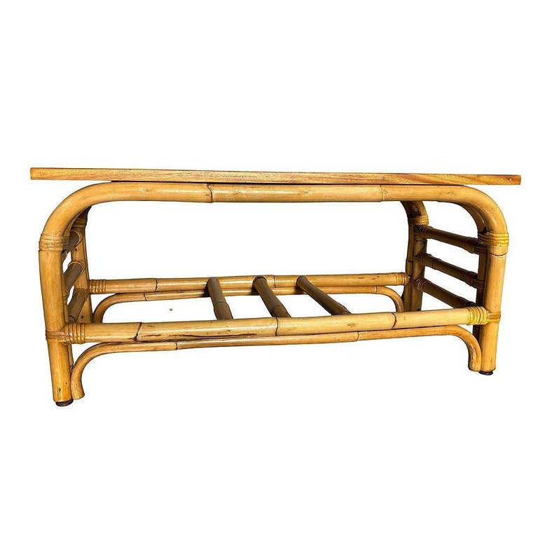 Restored 2-Tier Rattan Staple Base Coffee Table w/ Mahogany