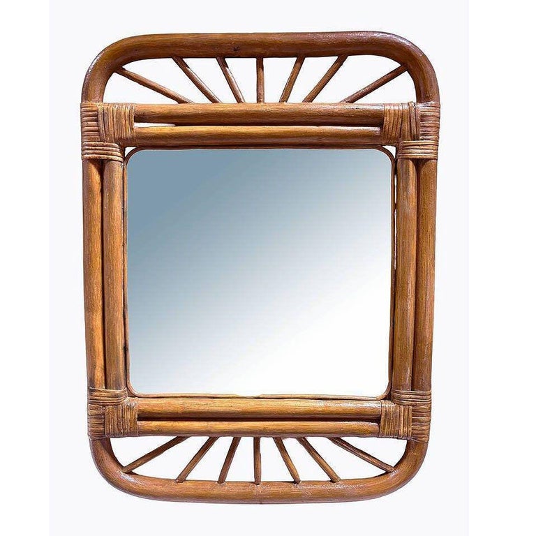 Restored Single-Strand Rounded Rattan Wall Mirror W/ Stick Reed Rattan