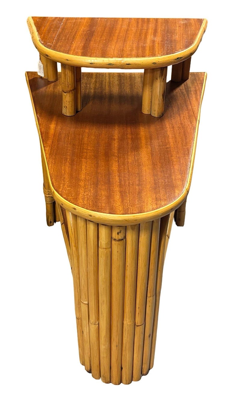 Restored MCM Rattan & Mahogany 3-Tiered Vertically Stacked Rattan Wedge Table