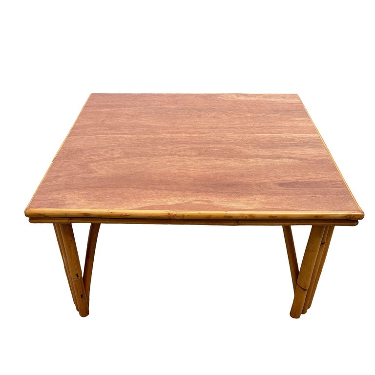 1950s Restored MCM Rattan Coffee Table with Mahogany Top and Rattan Border