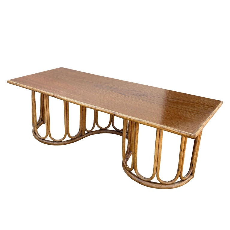 Restored Rattan and Mahogany Coffee Table with Wavy Base