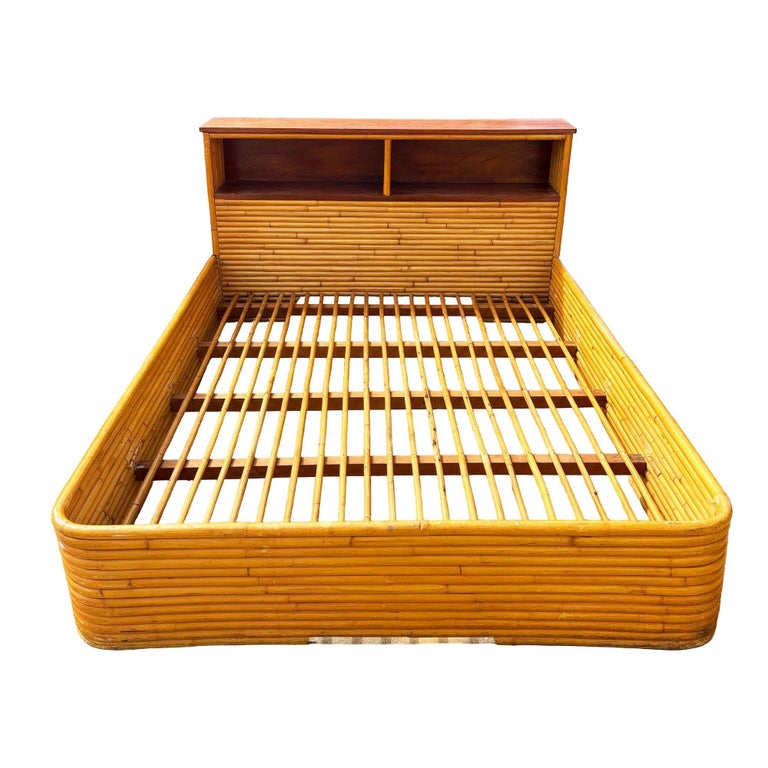 Restored Mid-century Queen Size 13-strand Stacked Rattan Bed Frame w/ Book Shelf