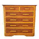 Restored Art Deco 6 Drawer Stacked Rattan Highboy Dresser w/ Mahogany Top