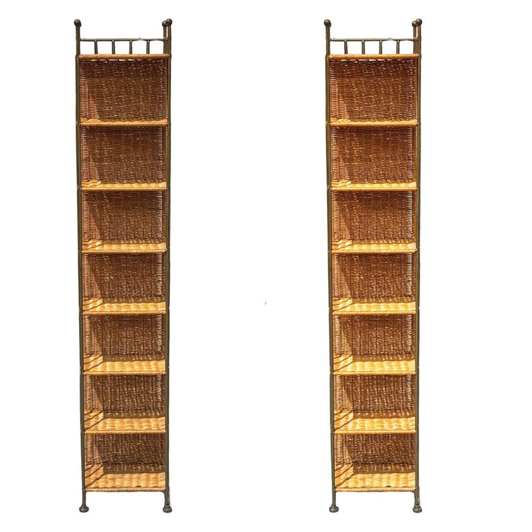 1990s Boho Wicker & Cast Iron Compact Disc CD Holder Towers, Pair