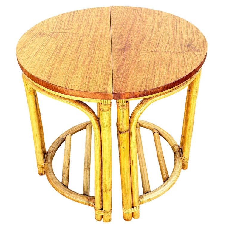 Restored Rattan and Mahogany Half Moon Side Tables with Storage Rack