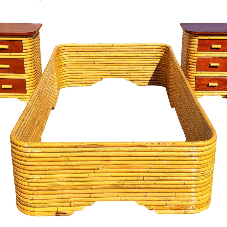Restored Frankl Style Full Stacked Rattan Bed Frame w/ Night Stands Bedroom Set