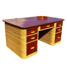 Restored Paul Frankl Style Stacked Rattan & Mahogany Executive Desk W/ Chair