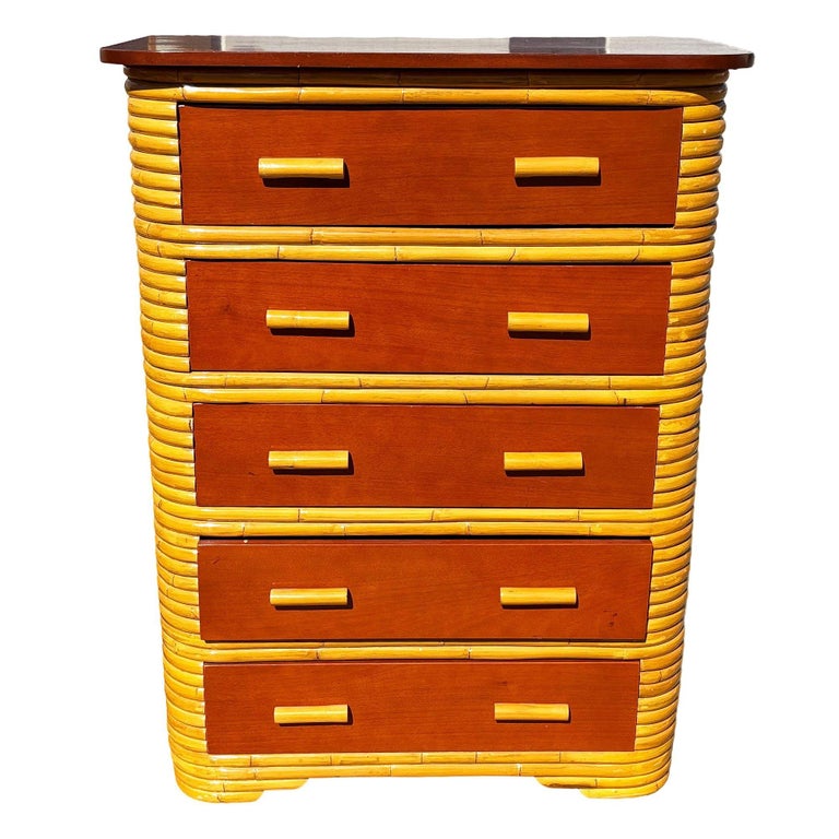 Restored Paul Frankl Style Stacked Rattan & Mahogany Art Deco Highboy Dresser