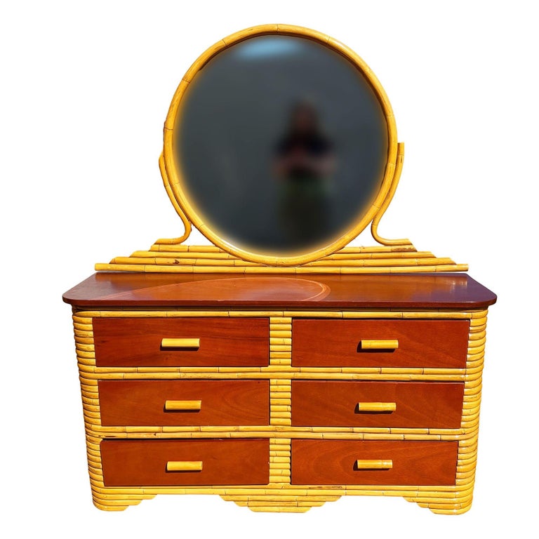 Restored Paul Frankl Style Stacked Rattan & Mahogany Lowboy Dresser w/ Mirror
