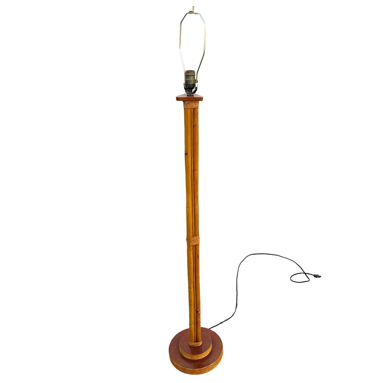 Restored Mid-century Three-Pole Rattan Floor Lamp w/ Mahogany Base