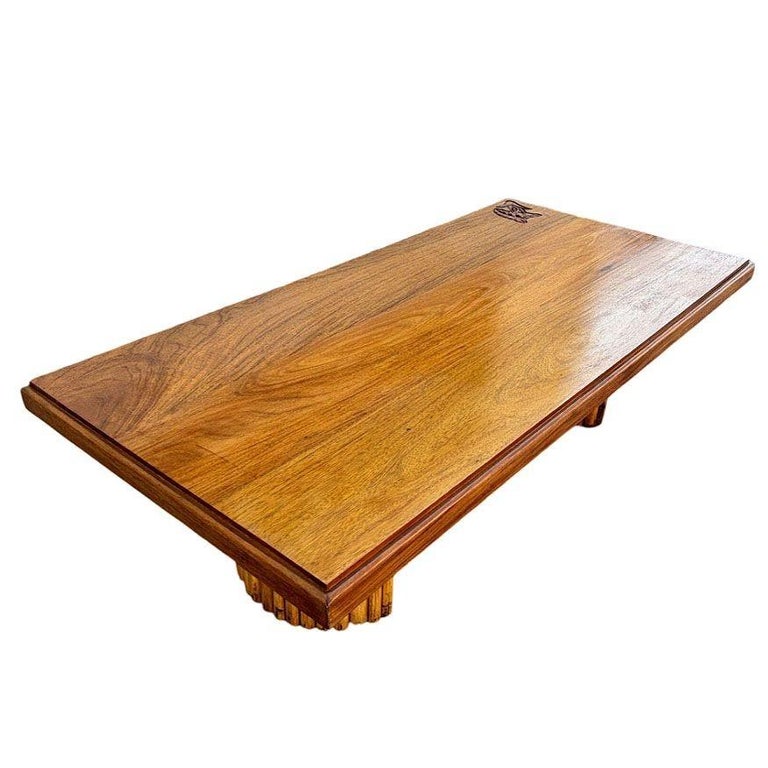 Mid-century Hand Carved Koa Wood Coffee Table w/ Stacked Rattan Legs