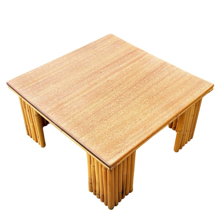 Restored Rattan & Koa Wood Square Coffee Table w/ Stacked Rattan Legs